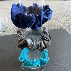 3 New! Set of Three Scrunchies - Blue, Shiny Silver, Velvet Teal